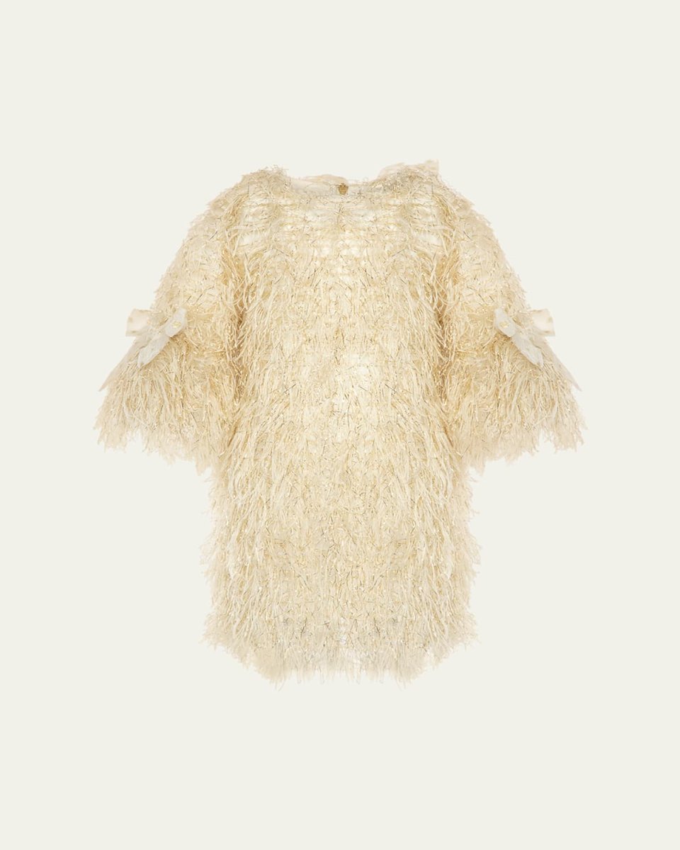 Girl's Fringe-Sleeve Feathered Dress, Size 3T-12
